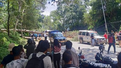 सल्लाघारीमा रुख ढलेर बस र स्कुटरलाई च्याप्दा ३ जनाको मृत्यु